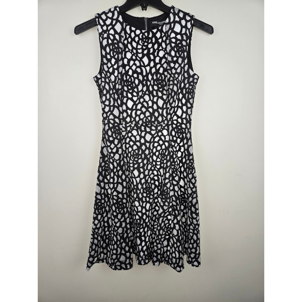 Karl Lagerfeld Paris Womens Black White‎ Floral Laser Cut Fit Flare Dress Size 6